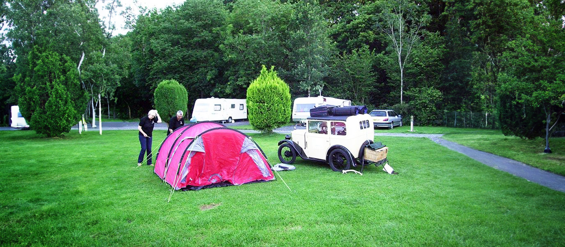 Camping on level grass pitches